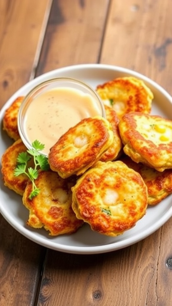 Crispy shrimp and corn fritters on a plate with dipping sauce, garnished with herbs.